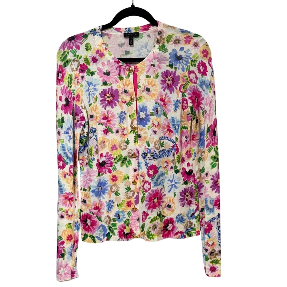 Escada Womens Floral Cardigan Sweater Multi Color Gold Logo Button Small